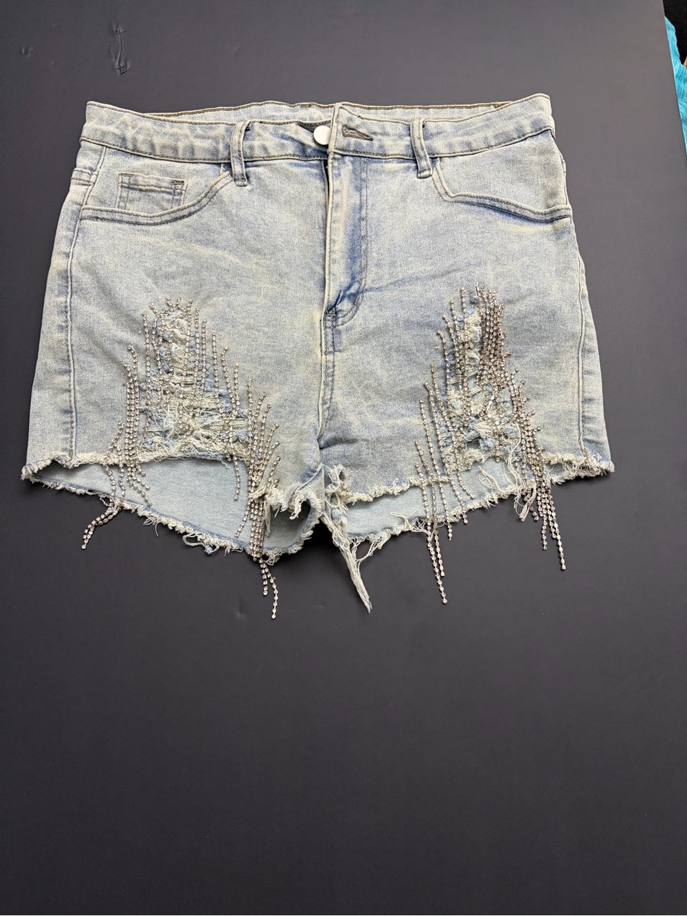 SHEIN Light Wash Denim Shorts with Rhinestone Fringe